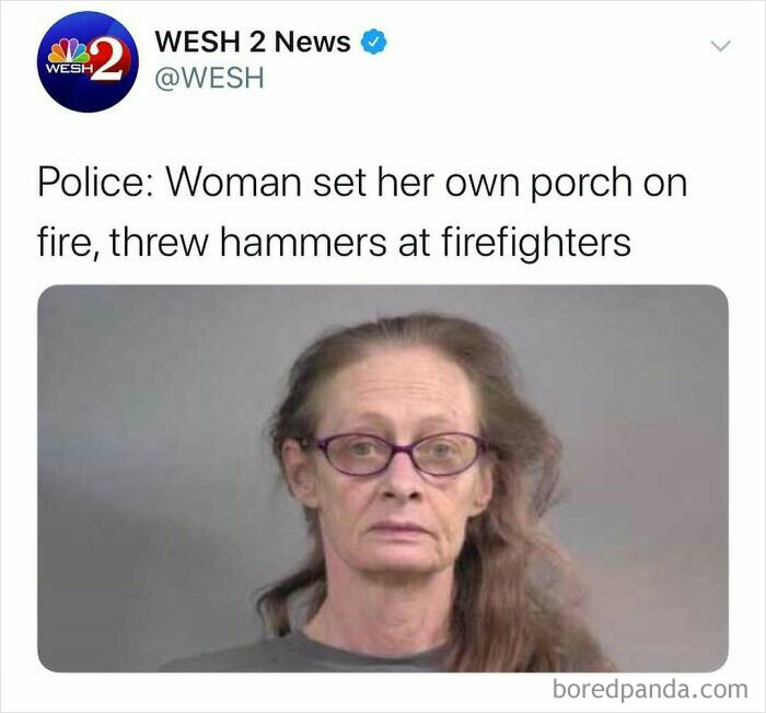 Mugshot of woman linked to unhinged news headline about setting her porch on fire and throwing hammers at firefighters.