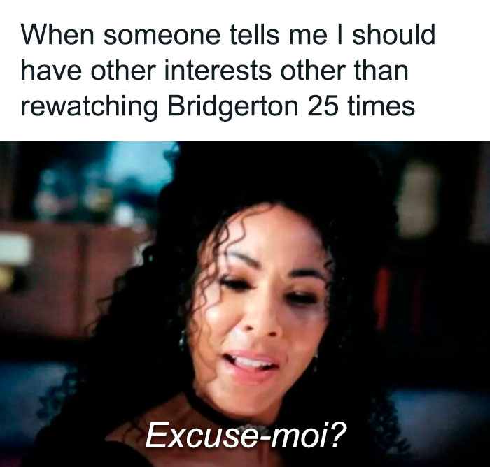 Woman with curly hair reacting with surprise, captioned about rewatching Bridgerton, reflecting Bridgerton memes fans enjoy.