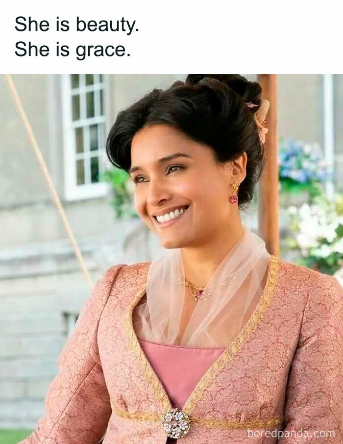 Smiling Bridgerton character dressed in pink vintage attire with text highlighting beauty and grace in Bridgerton memes.