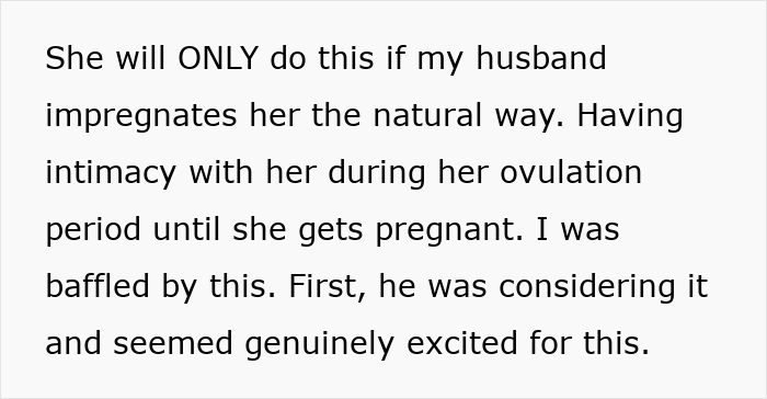 Text image showing a woman describing her husband's baby-making plan and her feelings about natural conception during ovulation.