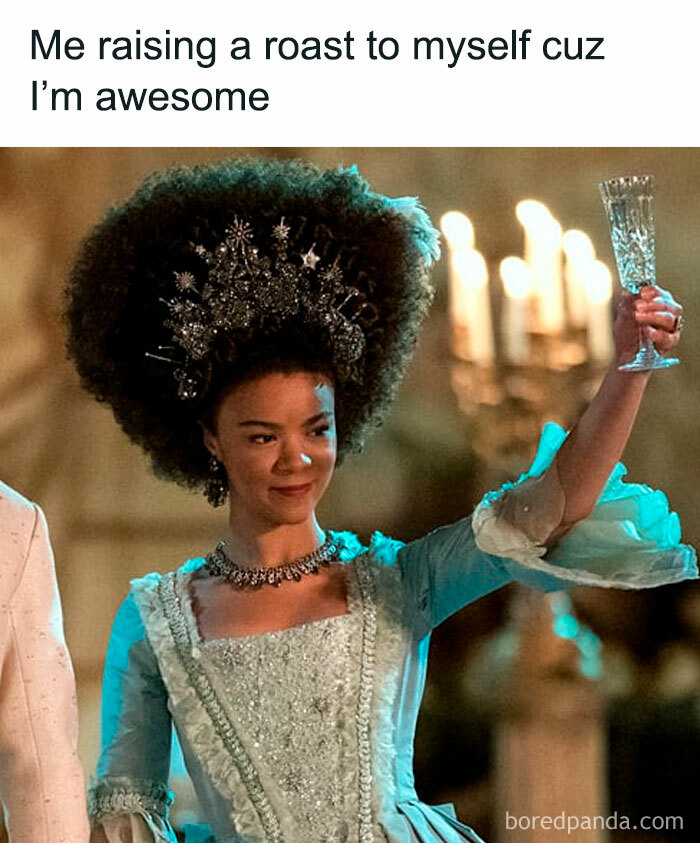 Bridgerton meme featuring a character in period costume raising a glass with a confident expression.