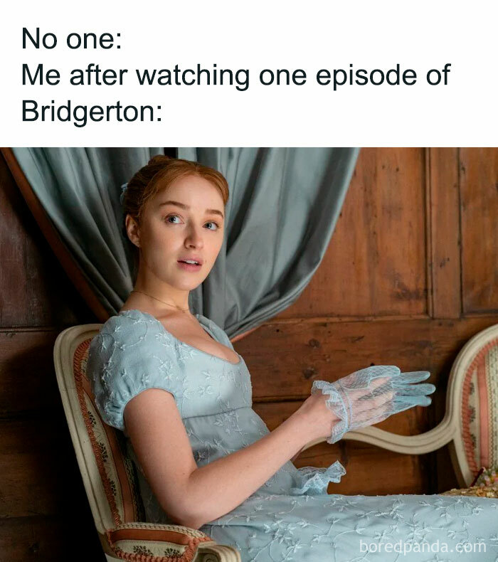 Woman in Regency dress sitting on a vintage chair with text about watching one episode of Bridgerton, Bridgerton memes.
