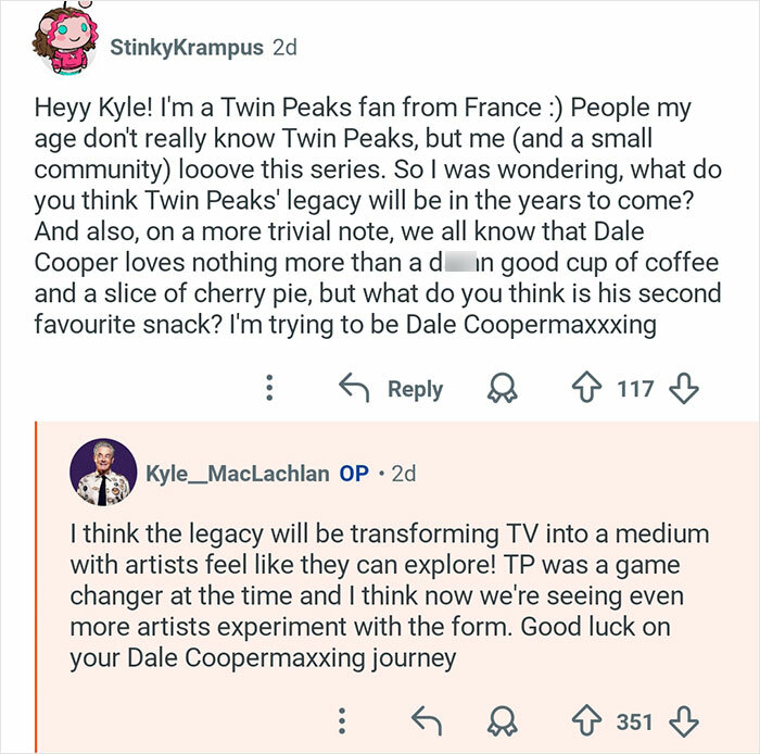 Reddit exchange with Kyle MacLachlan discussing Twin Peaks legacy and fans’ questions about Dale Cooper’s favorite snacks.