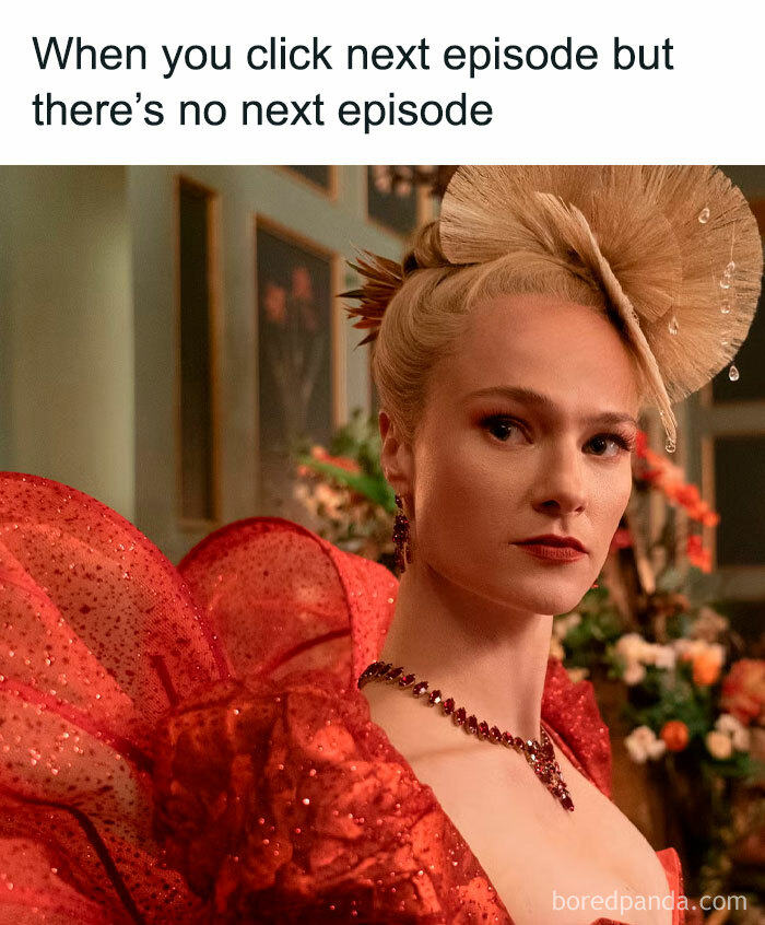 Bridgerton meme showing a character in an elaborate outfit reacting to no next episode available to watch.