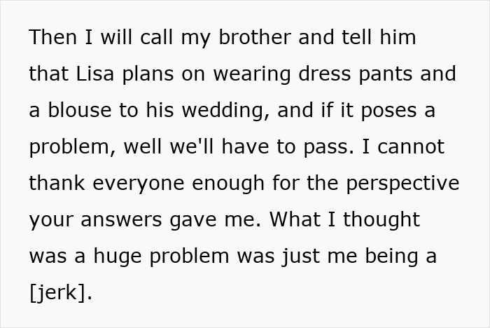 Alt text: Person discussing girlfriend refusing to wear dresses to a wedding, highlighting dress code and relationship conflict.