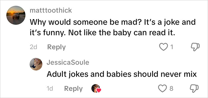 Screenshot of online comments debating Frida Mom marketing, with users disagreeing on joke appropriateness for babies.