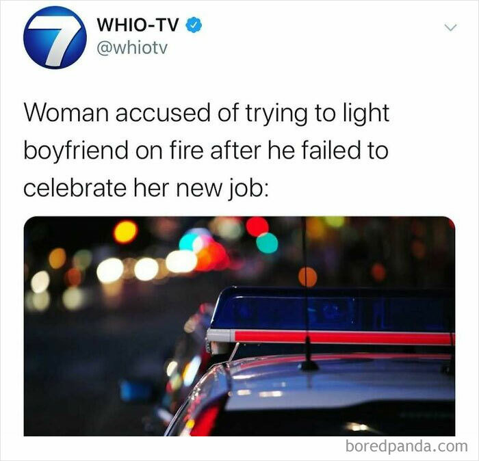 Tweet from WHIO-TV about a woman accused of trying to light her boyfriend on fire, illustrating unhinged news headlines in America.