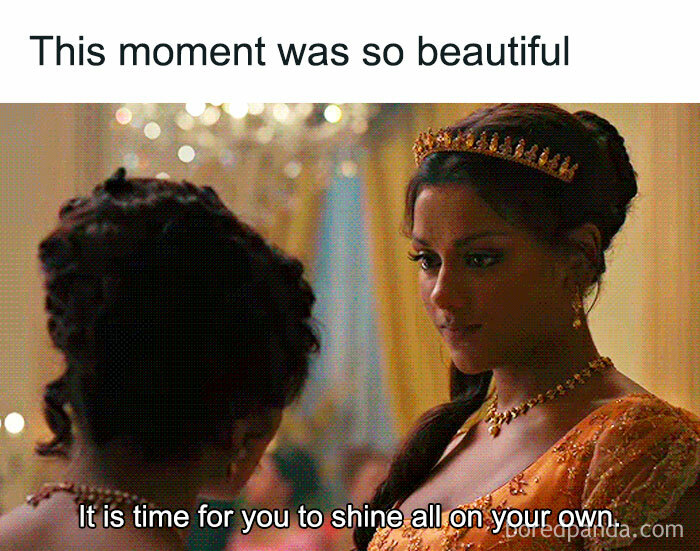 Scene from Bridgerton with a woman wearing a tiara saying it is time to shine on your own in a heartfelt moment.