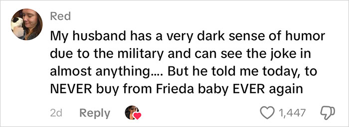 Screenshot of a social media comment warning against buying from Frida Mom due to its inappropriate marketing controversy.