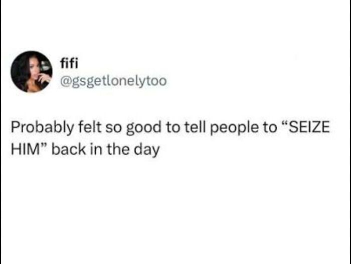 Screenshot of a cynical meme about telling people to seize someone back in the day, fitting hilarious memes with cynicism theme.