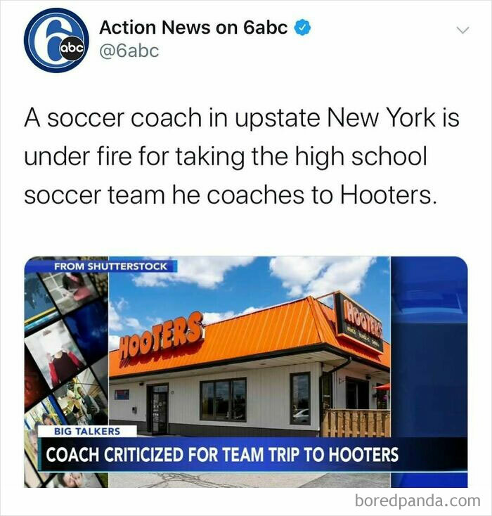 Tweet from Action News on 6abc about a soccer coach criticized for taking a high school team to Hooters in America.