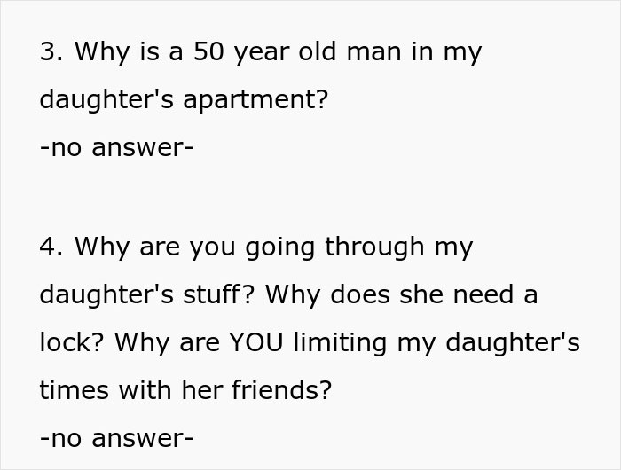 Text showing questions about a 50-year-old man in apartment and concerns about a daughter&rsquo;s privacy being invaded.