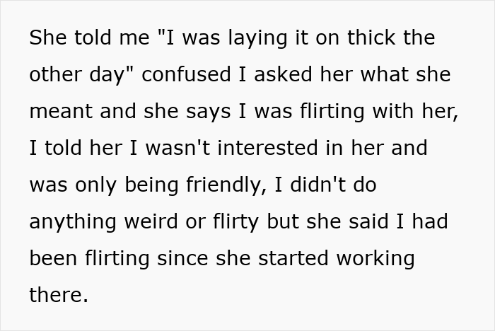 Text excerpt showing a coworker reported to HR over alleged flirting, leading to firing due to misunderstanding. Text excerpt showing a coworker reported to HR over alleged flirting, leading to firing due to misunderstanding.