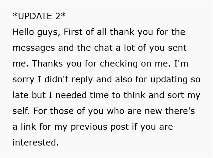 Text update message expressing gratitude for support and mentioning needing time to think after husband best friend cheating.