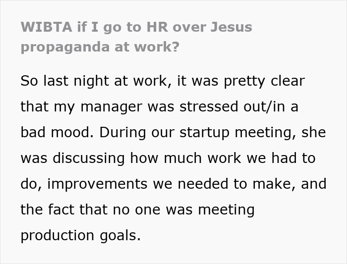 Text excerpt about coworker preaching about Jesus during work meetings, employee considering if HR can handle holy drama.