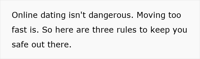 Text panel stating online dating isn't dangerous and offering three rules to keep women safe, sharing safety tips from a former FBI agent.