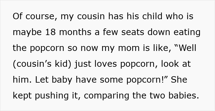 Text excerpt discussing a family dinner where a rude mother insists on giving popcorn to a cousin's child.