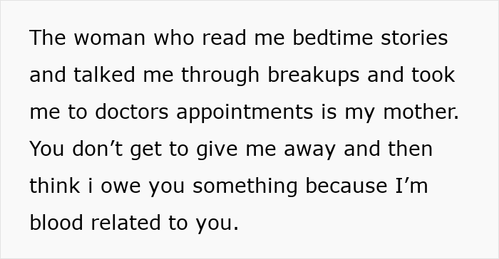 Text excerpt about birth mom and adoptee discussing DNA and cash, highlighting conflict over financial expectations.