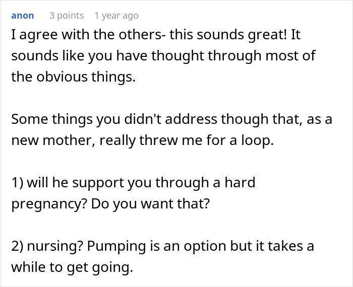 Online comment sharing thoughts on platonic co-parenting pros and cons from a new mother's perspective.