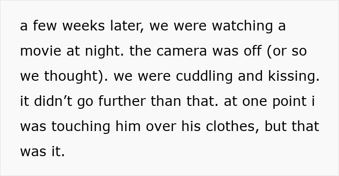 Text excerpt describing a couple cuddling and kissing while being unaware of hidden cameras monitoring them. Text excerpt describing a couple cuddling and kissing while being unaware of hidden cameras monitoring them.