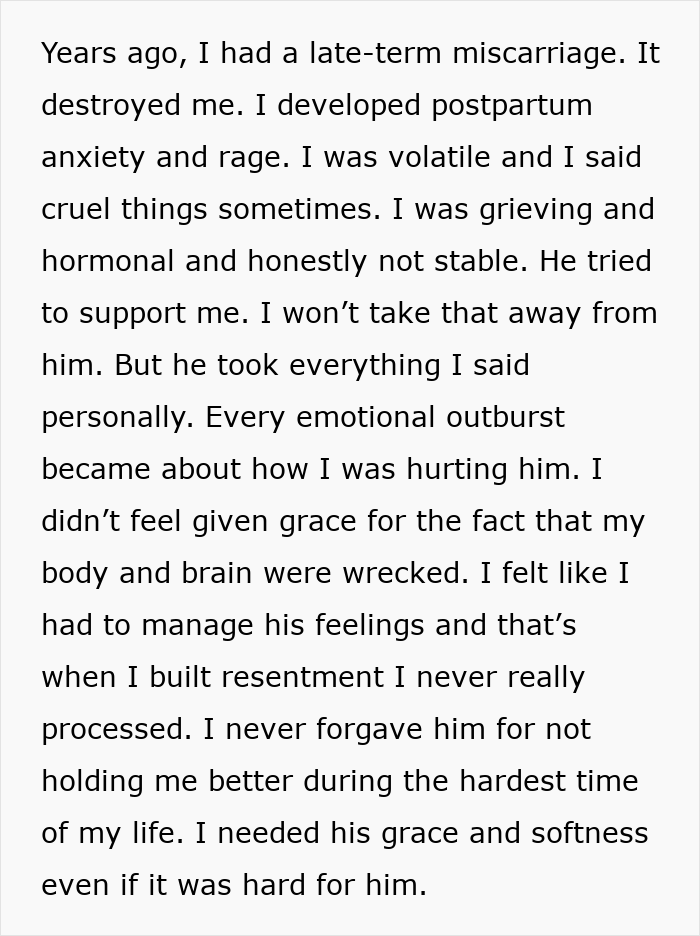 Text describing a woman&rsquo;s emotional struggle with postpartum anxiety and relationship challenges with her cheating husband.