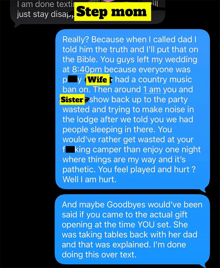 Text message conversation highlighting a man upset his parents forced him to have beer at his wedding and leave early due to music.