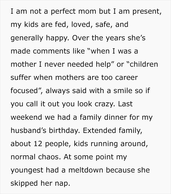 Text excerpt describing a woman addressing shaming from her mother-in-law during a family dinner meltdown.