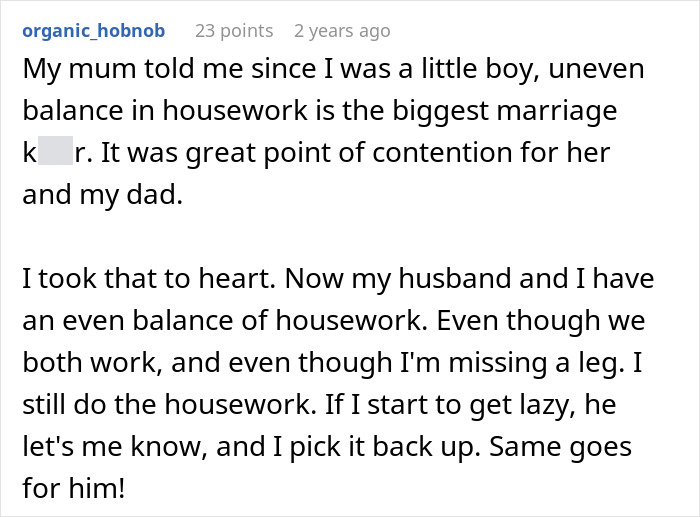Comment about housework balance highlighting issues when a man takes advantage of wife&rsquo;s submissive nature.