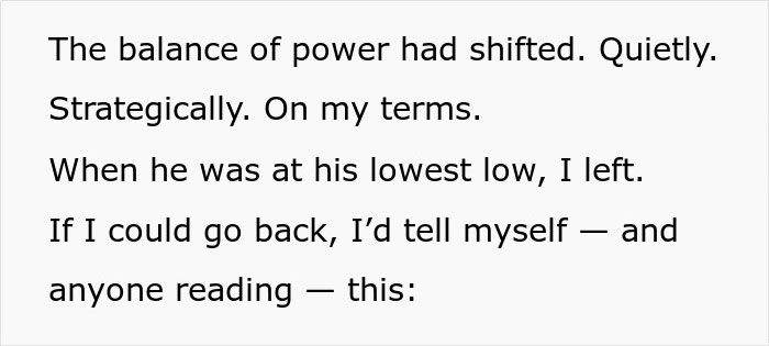 Text excerpt showing a woman explaining how she strategically turned the game around after marrying her husband.