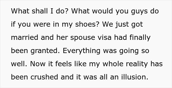 Text showing a distressed person questioning what to do after discovering their wife fakes transactions to hide income source.