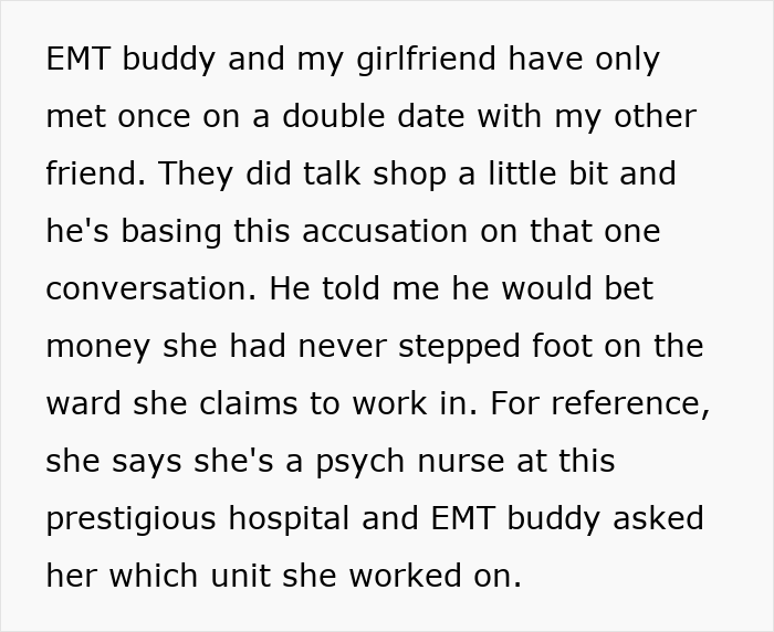 Woman described as psychiatric nurse questioned by EMT friend about her work on psychiatric ward after boyfriend's discovery.