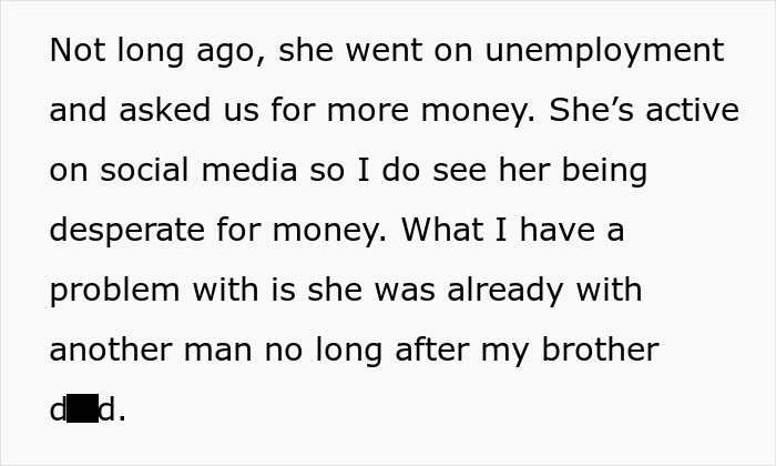 Text excerpt discussing a woman suspecting her late brother&rsquo;s baby isn&rsquo;t his, revealing family betrayal and conflict.