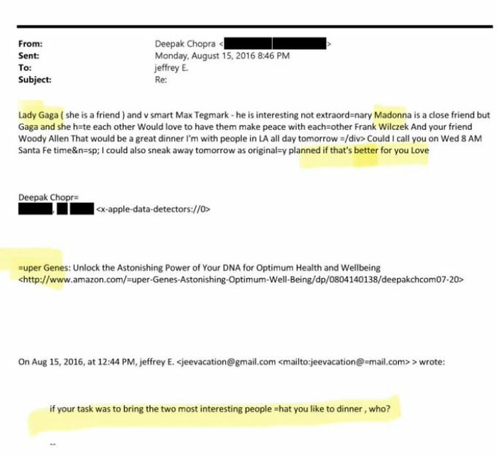 Email excerpt with highlighted text mentioning Lady Gaga and Epstein in released files sparking chatter amid Grammy performance.
