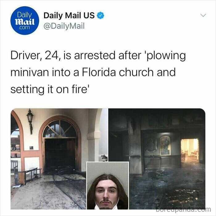 Tweet showing an arrest after a minivan was driven into a Florida church and set on fire, illustrating unhinged news headlines in America.
