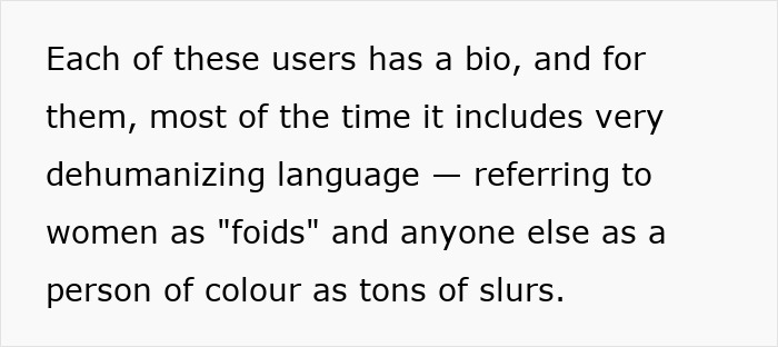 Screenshot highlighting dehumanizing language and slurs commonly found in incel forums according to women undercover investigations.