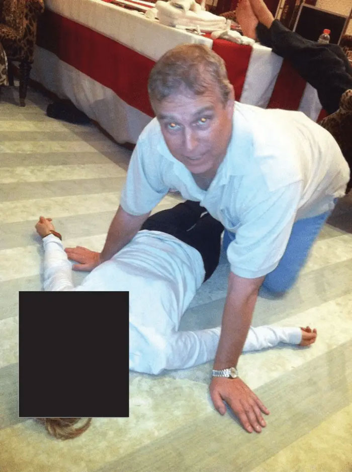 Man leaning over person lying on floor at a party scene, related to exotic dancer's shocking allegations against Epstein and Andrew.