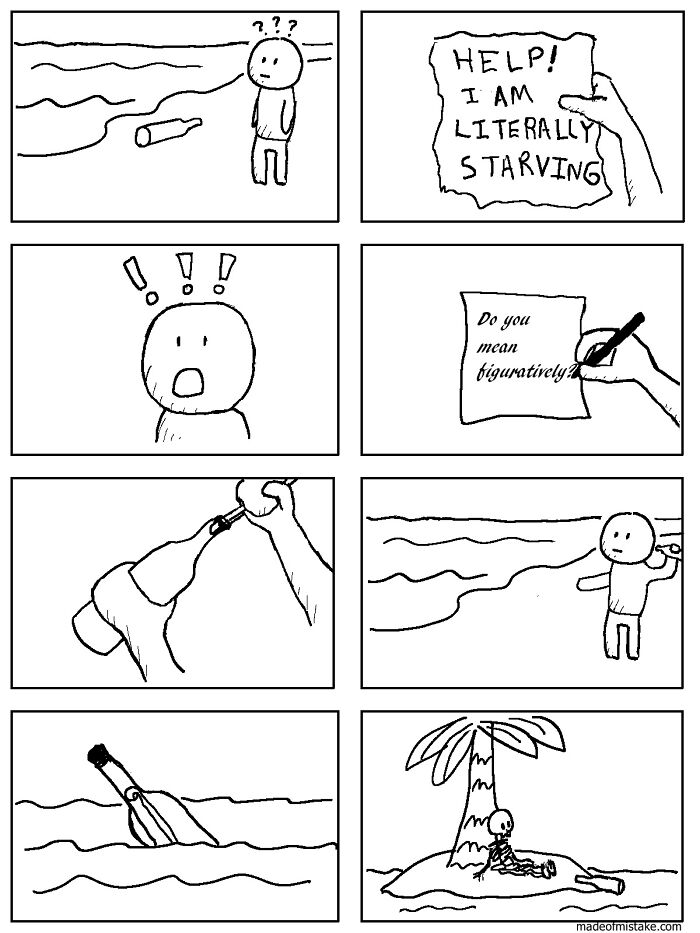 Minimalistic comic about a message in a bottle, literal starving, and stranded on a deserted island.