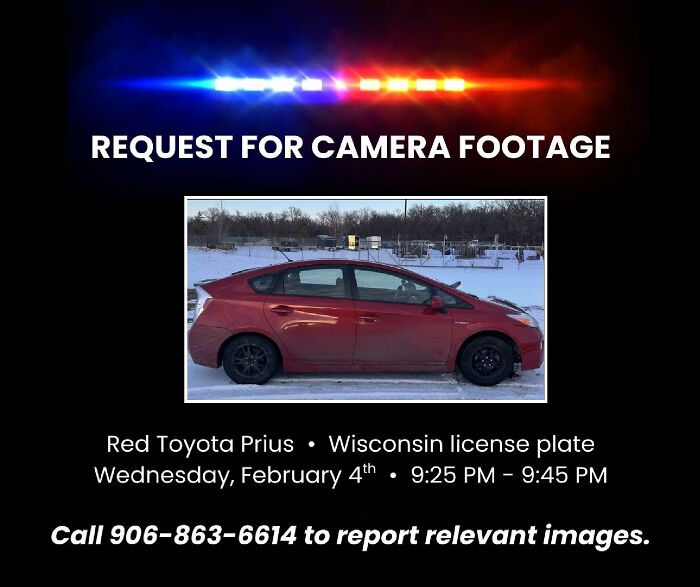 Red Toyota Prius in snowy area sought for camera footage related to missing woman, 24, pleading for her life.