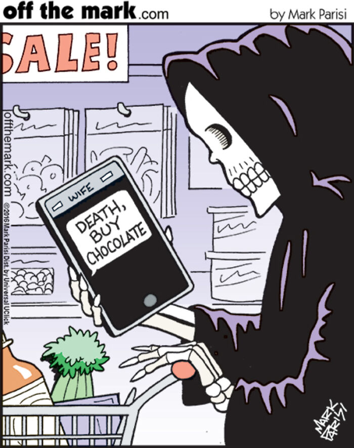 Grim Reaper reading a humorous technology text message about buying chocolate in a comic by Mark Parisi.