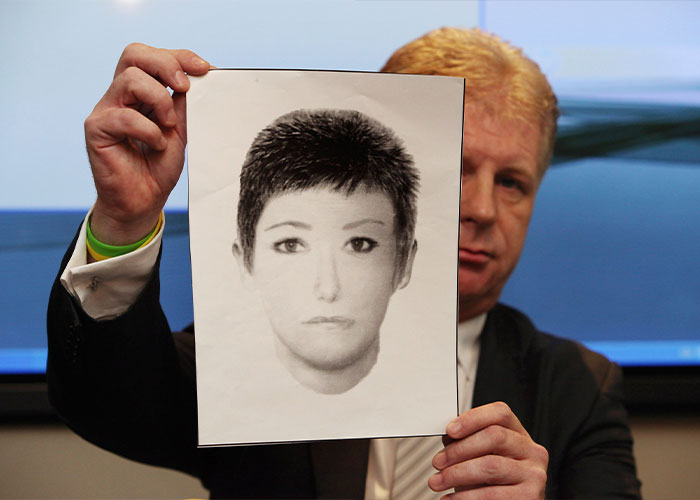 Man in suit holding up a sketch, related to Madeleine McCann abductor, in a presentation setting with blurred background. Man in suit holding up a sketch, related to Madeleine McCann abductor, in a presentation setting with blurred background.
