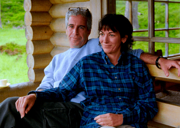 Jeffrey Epstein and Ghislaine Maxwell sitting together outdoors, related to viral theory about Maxwell's prison appearance.