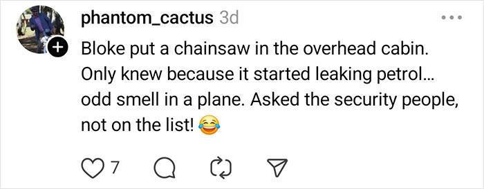 Screenshot of a social media post describing an unhinged passenger putting a chainsaw in the overhead cabin on a flight.