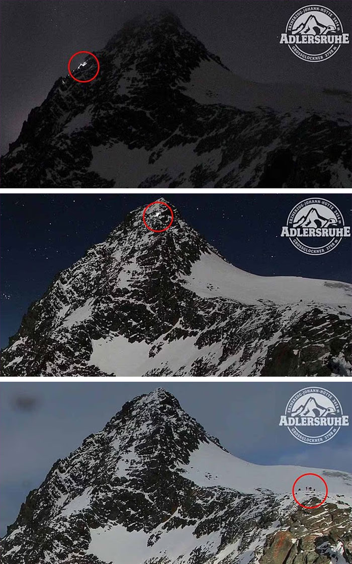 Mountain scene in three views showing climber's location circled, related to climber revealing girlfriend's heartbreaking last words.