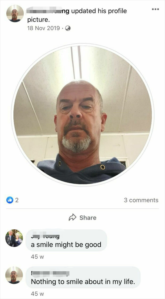 Man updates profile picture with serious face, friend suggests a smile, showing weirdly hilarious social media interaction.