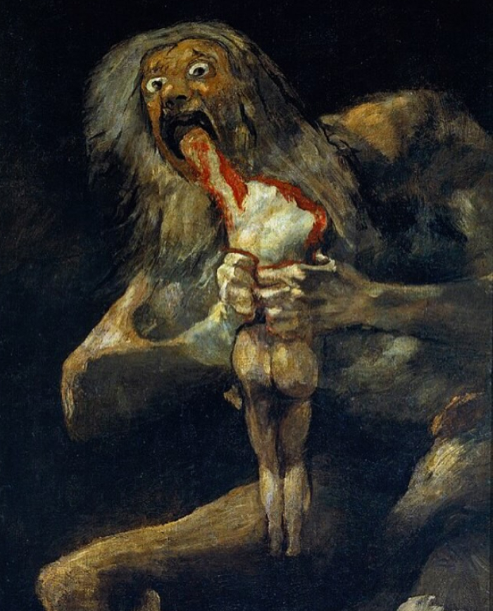 Painting depicting a monstrous figure consuming a smaller human, illustrating the story of history's hungriest man Tarrare.