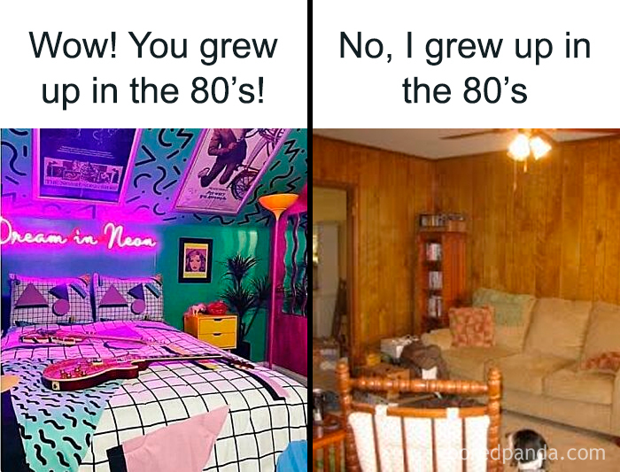 Split image comparing a colorful 80s neon-inspired bedroom and a wood-paneled living room, evoking Gen X nostalgia.