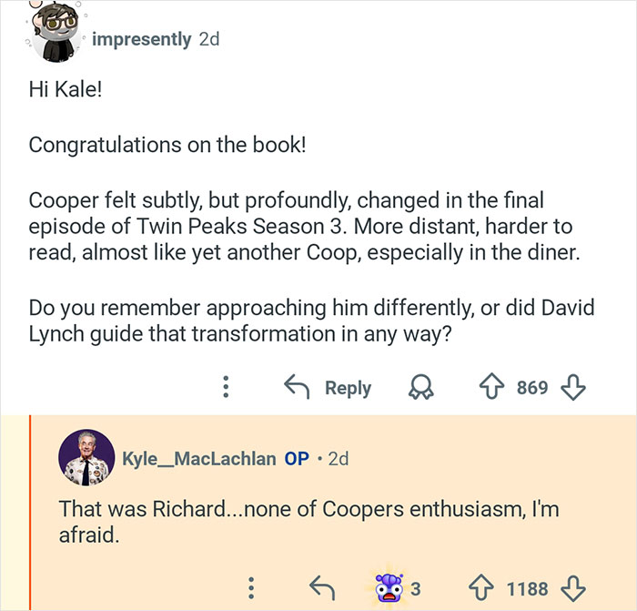 Reddit conversation showing Kyle MacLachlan discussing Twin Peaks character transformation and fan questions online.