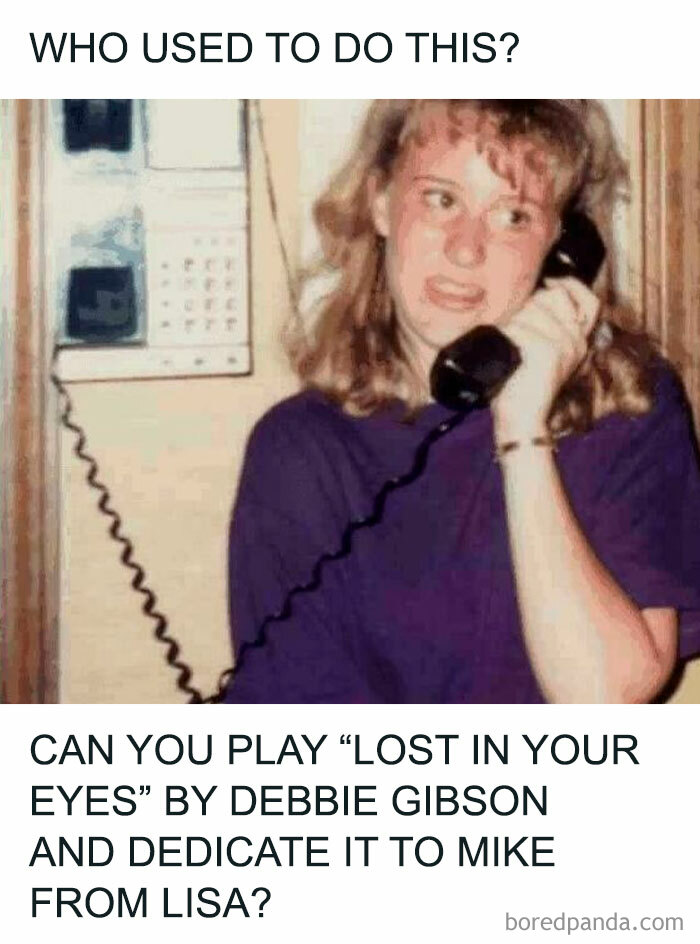 Woman using a vintage landline phone recalling nostalgic pics and references from past decades.