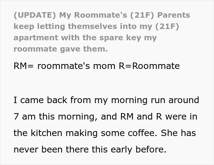 Woman shocked as roommate&rsquo;s parents use spare key to enter apartment and act like babysitters early morning.