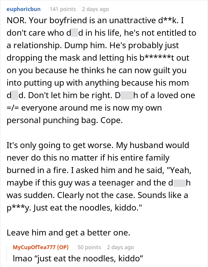 Online discussion about a woman bringing leftovers to support boyfriend in mourning and facing criticism over inedible food.